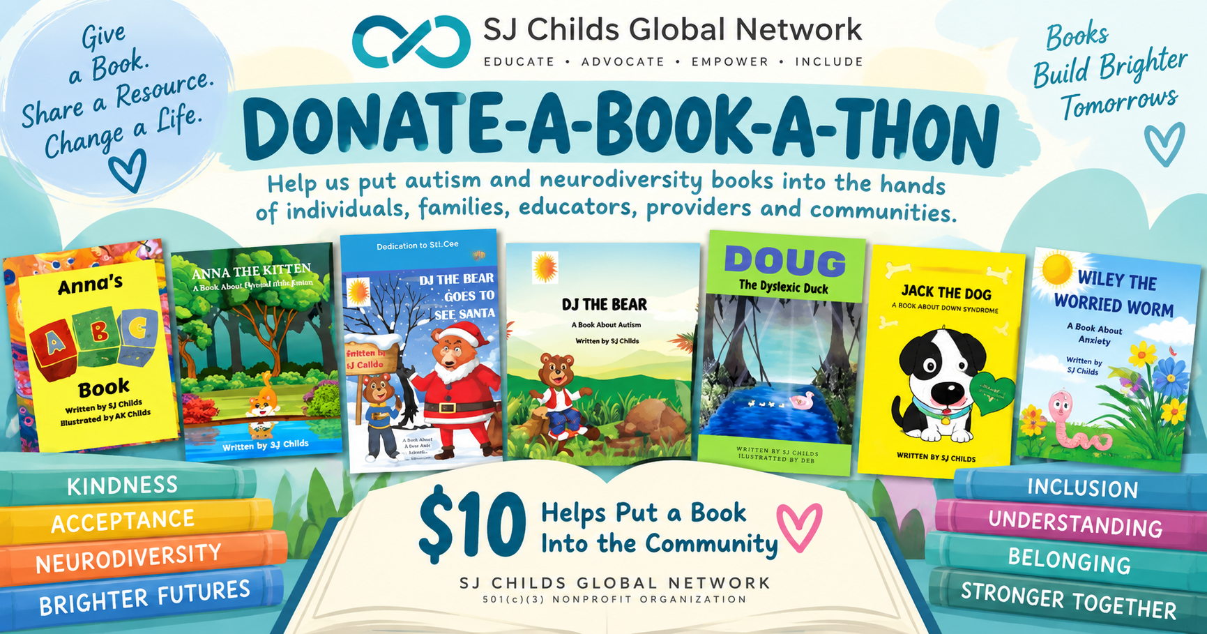 Donate-a-Book-a-Thon campaign collage showing all seven SJ Childs books and the message that ten dollars helps put a book into the community