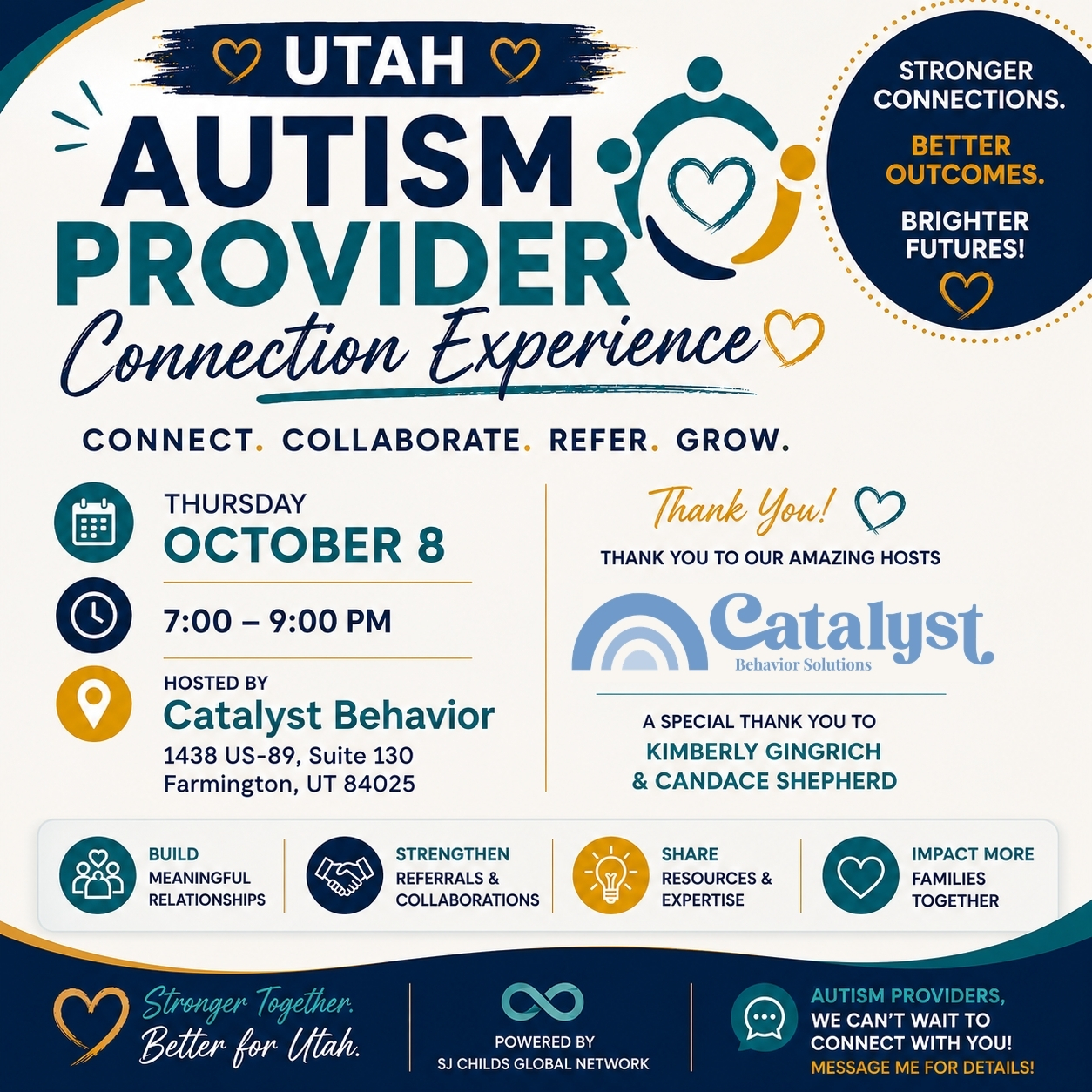 Utah Autism Provider Connection Experience flyer: Thursday, October 8, 2026, 7 to 9 PM, hosted by Catalyst Behavior Solutions at 1438 US-89, Suite 130, Farmington, Utah